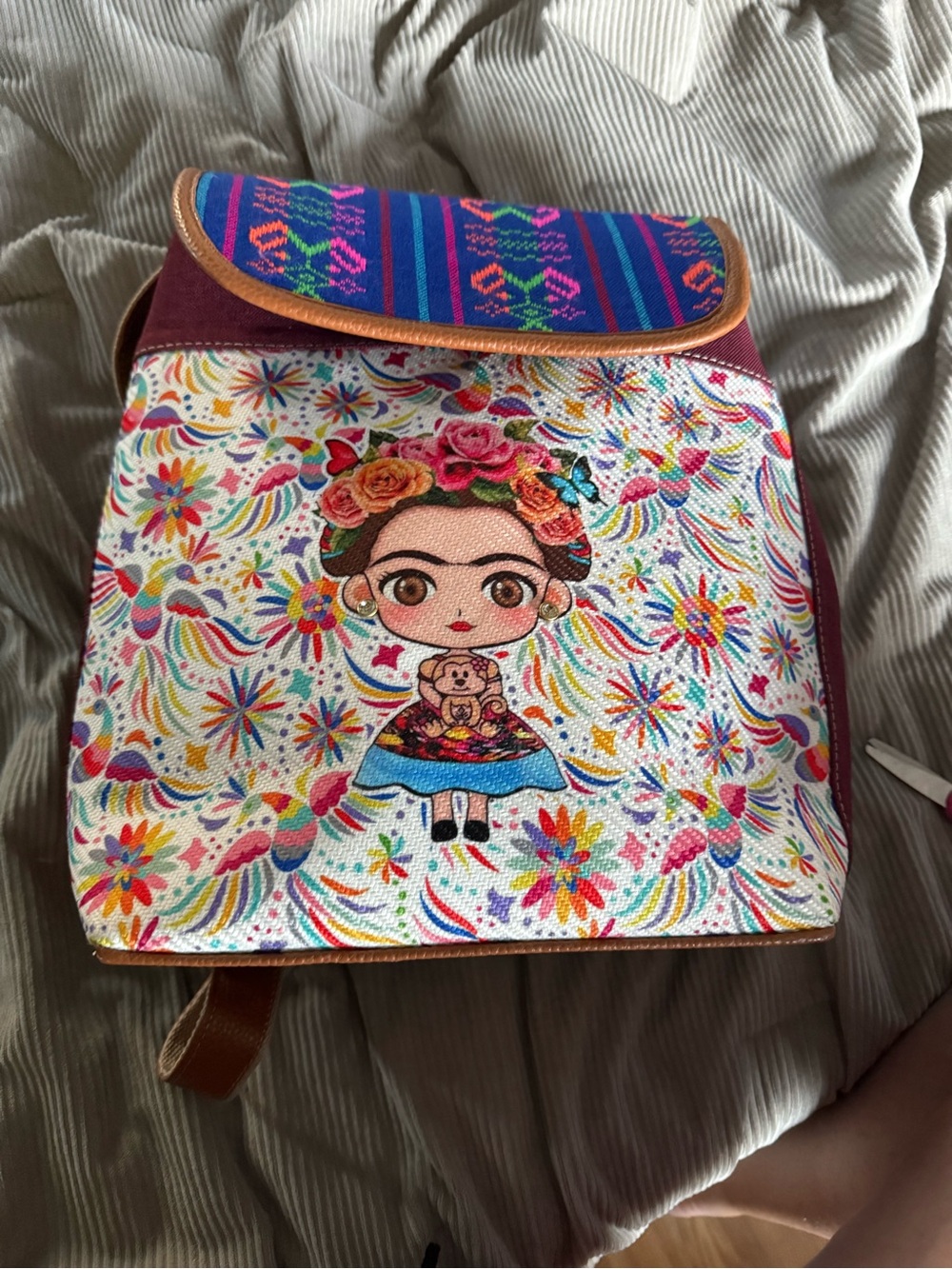 Multicolor Frida-Inspired Embroidered Canvas Backpack for Women